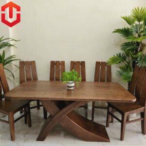 BỘ BÀN ĂN SỒI MÀU ÓC CHÓ CHÂN CHỮ K 6 GHẾ 3 LÁ