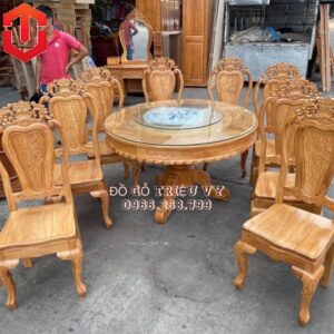 BÀN ĂN TRÒN GÕ ĐỎ CAO CẤP 8 GHẾ