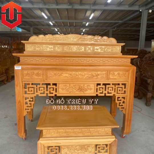 BÀN CÚNG GÕ ĐỎ CHẠM SEN 1M53 KÈM BÀN CƠM - Ảnh 3