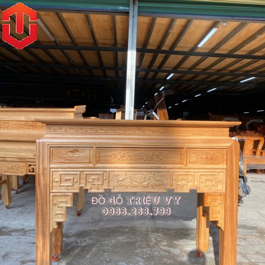 BÀN CÚNG GÕ ĐỎ CHẠM SEN 1M53 KÈM BÀN CƠM - Ảnh 6