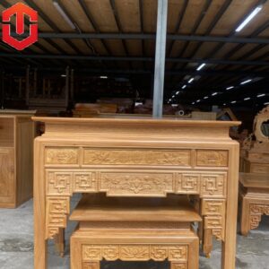 BÀN CÚNG GÕ ĐỎ 1M53 CHẠM SEN + BÀN CƠM