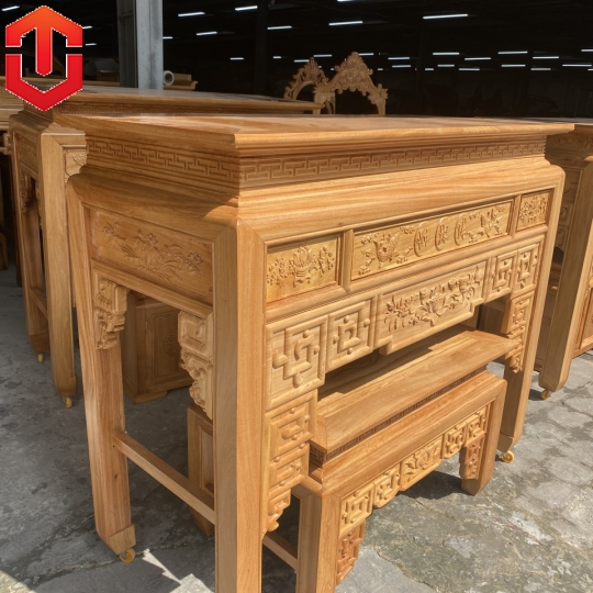 BÀN CÚNG GÕ ĐỎ 1M53 CHẠM SEN + BÀN CƠM - Ảnh 8