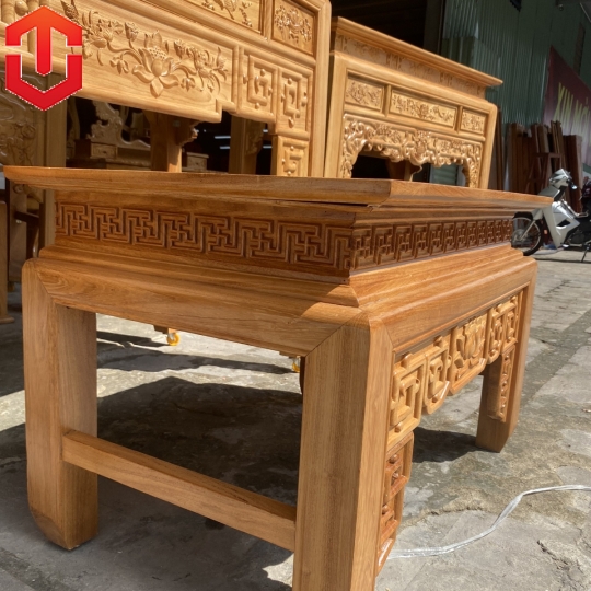 BÀN CÚNG GÕ ĐỎ 1M53 CHẠM SEN + BÀN CƠM - Ảnh 9