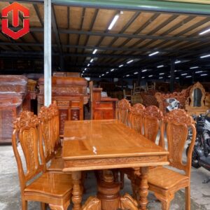 BÀN ĂN GÕ ĐỎ 8 GHẾ MẶT VUÔNG TRỤ SƯ TỬ