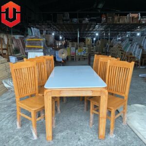 BÀN ĂN SỒI CHÂN SOI MẶT ĐÁ - 6 GHẾ 9 NAN MÀU LAU HƯƠNG