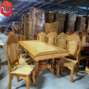 BÀN ĂN CĂM XE 8 GHẾ MẶT VUÔNG TRỤ SƯ TỬ - BÓNG MỜ